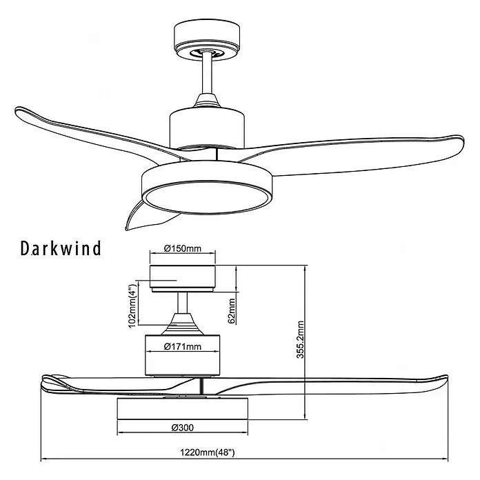 Purline Ventilador de techo Darkwind - Madera oscura, 132 cm, 35 W - Diagrama técnico de un ventilador de techo moderno de 3 aspas y 1220mm (48 pulgadas) con luz integrada y dimensiones detalladas.