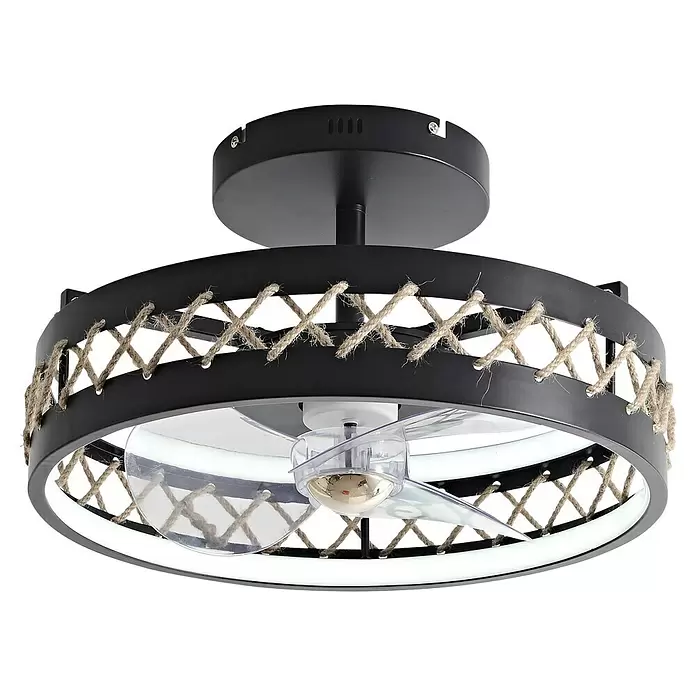 Purline Ventilador de techo Ceily Rope - Negro, 50 cm, 52 W, Blanco cálido - Ventilador de techo negro con luz LED integrada y marco decorativo de cuerda trenzada.