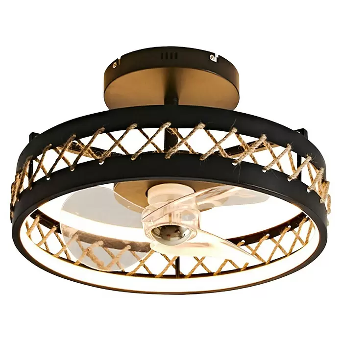 Purline Ventilador de techo Ceily Rope - Negro, 50 cm, 52 W, Blanco cálido - Ventilador de techo de metal negro con luz LED integrada y detalles decorativos de cuerda trenzada.