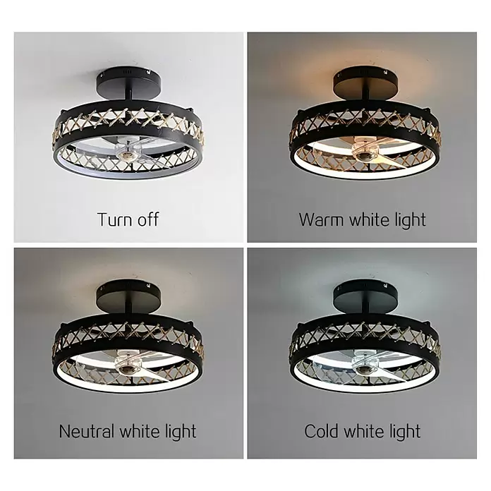 Purline Ventilador de techo Ceily Rope - Negro, 50 cm, 52 W, Blanco cálido - Luz de ventilador de techo de metal negro con detalles trenzados, muestra luz blanca cálida, neutra, fría y apagada.