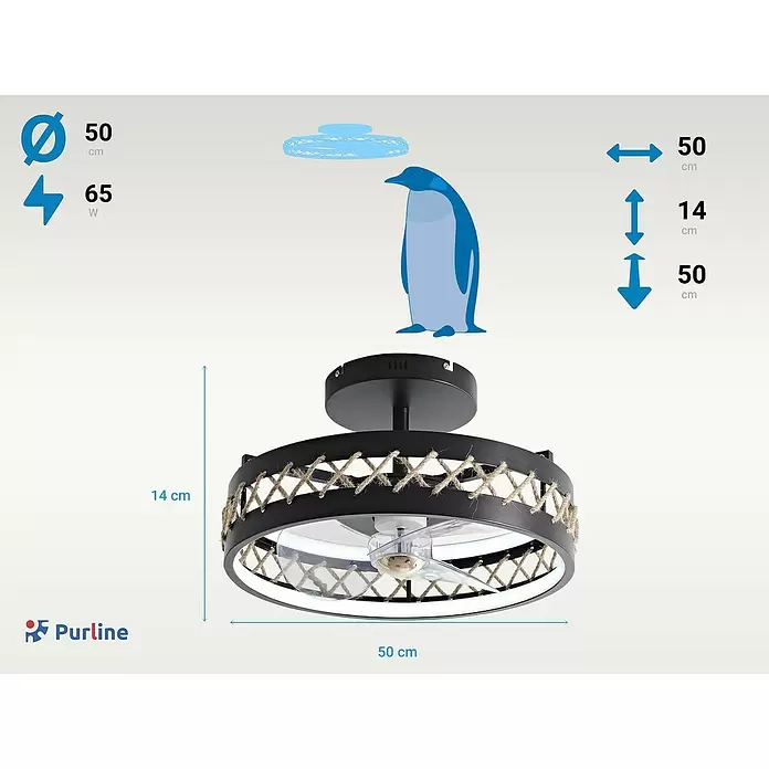 Purline Ventilador de techo Ceily Rope - Negro, 50 cm, 52 W, Blanco cálido - Ventilador de techo negro con detalles de cuerda, 50 cm de diámetro y 14 cm de altura.