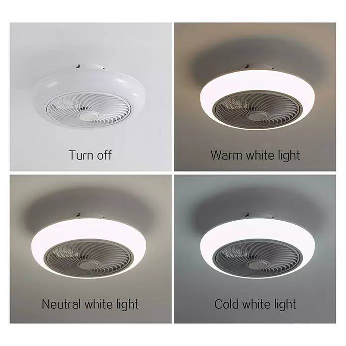 Purline Ventilador de techo Ceily Spiral - Blanco, 45 cm, 36 W, Blanco cálido - Ventilador de techo blanco con luz integrada, mostrado en cuatro modos: apagado, luz blanca cálida, neutra y fría.