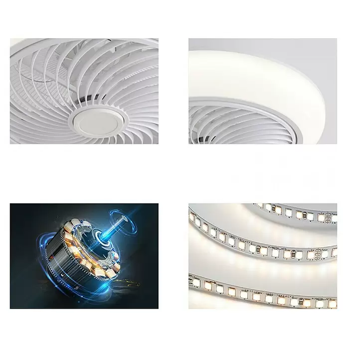 Purline Ventilador de techo Ceily Spiral - Blanco, 45 cm, 36 W, Blanco cálido - Componentes de un ventilador de techo blanco con luz LED, incluyendo aspas, anillo de luz, motor y tiras LED.