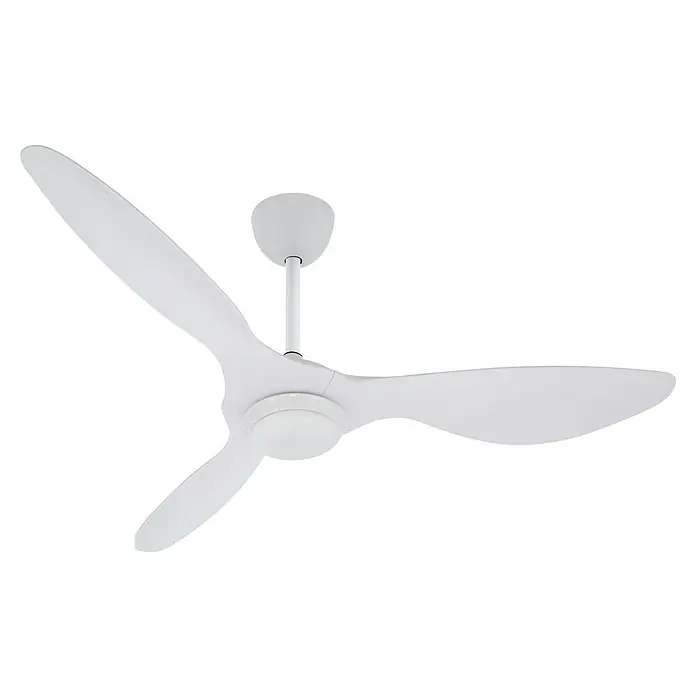 Purline Ventilador de techo Helix White - Blanco, 132 cm, 35 W, Blanco cálido - Primer plano de un moderno ventilador de techo blanco con tres aspas sobre un fondo negro.