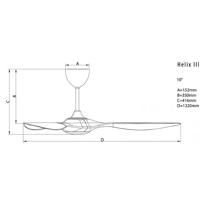 Purline Ventilador de techo Helix White - Blanco, 132 cm, 35 W, Blanco cálido - Imagen de un ventilador de techo Helix III, que proporciona medidas para las dimensiones A, B, C y D del producto.