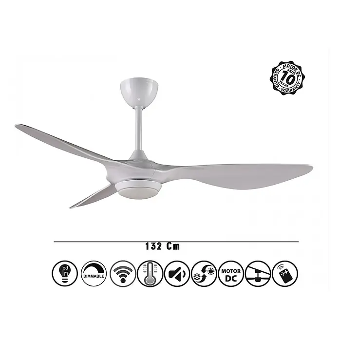 Purline Ventilador de techo Helix White - Blanco, 132 cm, 35 W, Blanco cálido - Esta imagen muestra un moderno ventilador de techo blanco con tres palas e iluminación LED integrada, perfecto para añadir un toque elegante.