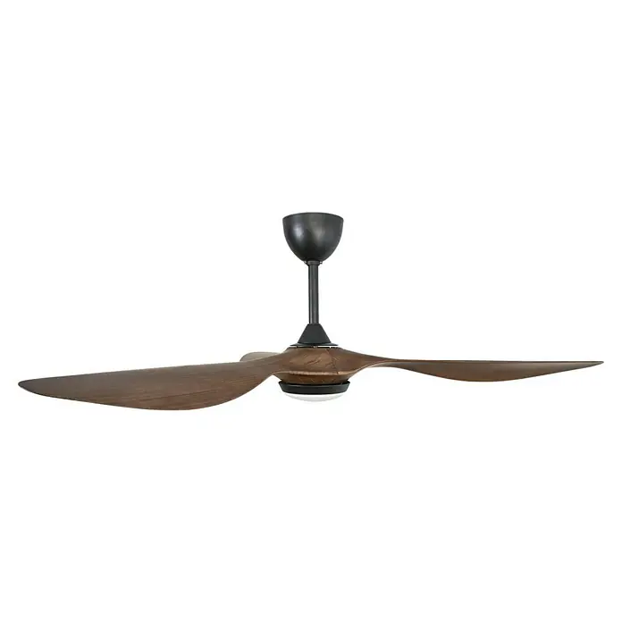 Purline Ventilador de techo Helix Wood - Negro/Madera, 132 cm, 35 W, Blanco cálido - Un moderno ventilador de techo en negro y aspecto de madera con dos aspas para un diseño de habitación elegante.