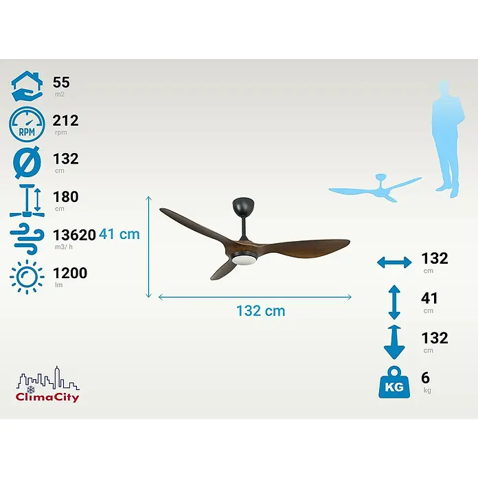 Purline Ventilador de techo Helix Wood - Negro/Madera, 132 cm, 35 W, Blanco cálido - Imagen del producto de un ventilador de techo con detalles técnicos y dimensiones, ideal para una habitación de 55m².