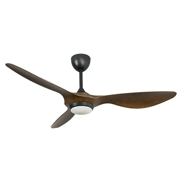 Purline Ventilador de techo Helix Wood - Negro/Madera, 132 cm, 35 W, Blanco cálido - Elegante lámpara de ventilador de techo en madera oscura con tres aspas curvas e iluminación integrada, perfecta para espacios de vida modernos.