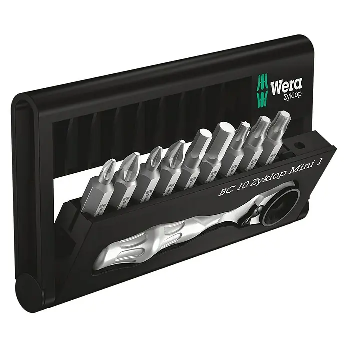 Wera Kraftform Kompakt Schrauberbit- & Ratschen-Set Zyklop Mini - 10 -tlg. - Wera BC 10 Zyklop Mini 1 Bit-Set mit Bits und Mini-Ratschenschlüssel für enge Arbeitsbereiche und vielseitige Schraubanwendungen.