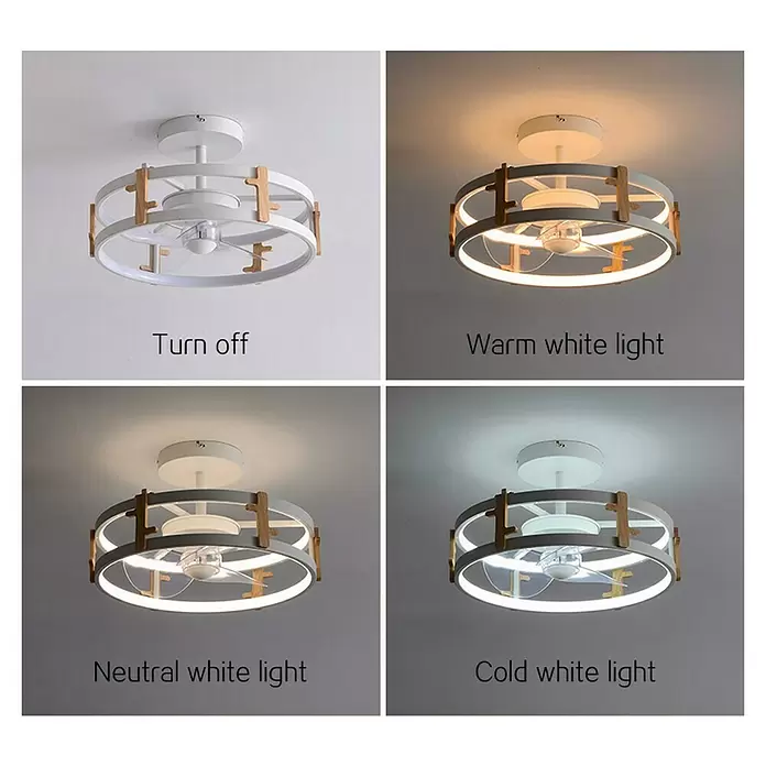 Purline Ventilador de techo Ceily Wood - Blanco, 40 cm, 42 W, Blanco cálido - Ventilador de techo blanco moderno con luz y detalles de madera, mostrando iluminación cálida, neutra y fría.