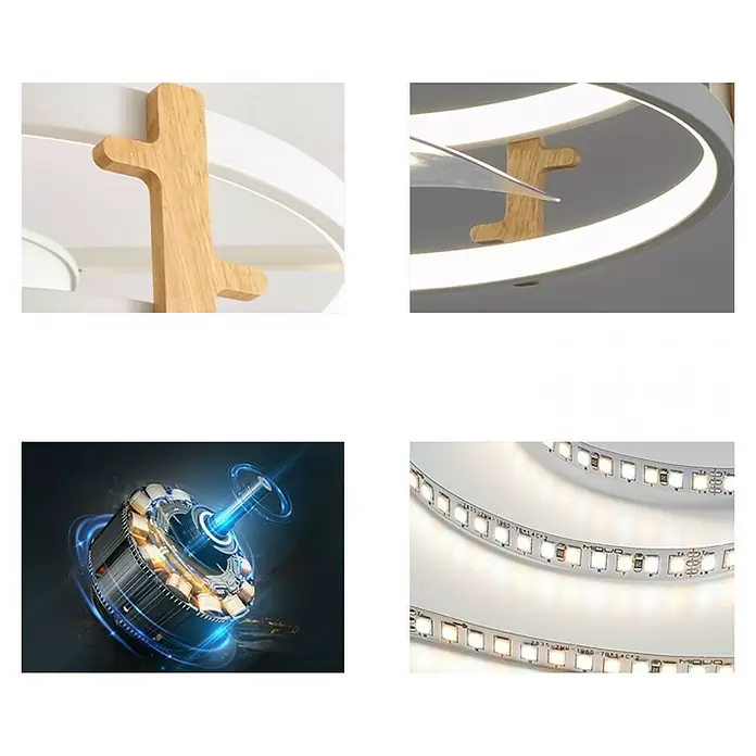 Purline Ventilador de techo Ceily Wood - Blanco, 40 cm, 42 W, Blanco cálido - Detalles de un ventilador de techo moderno: anillo blanco iluminado con tira LED, detalles de madera, aspa transparente y motor eléctrico.