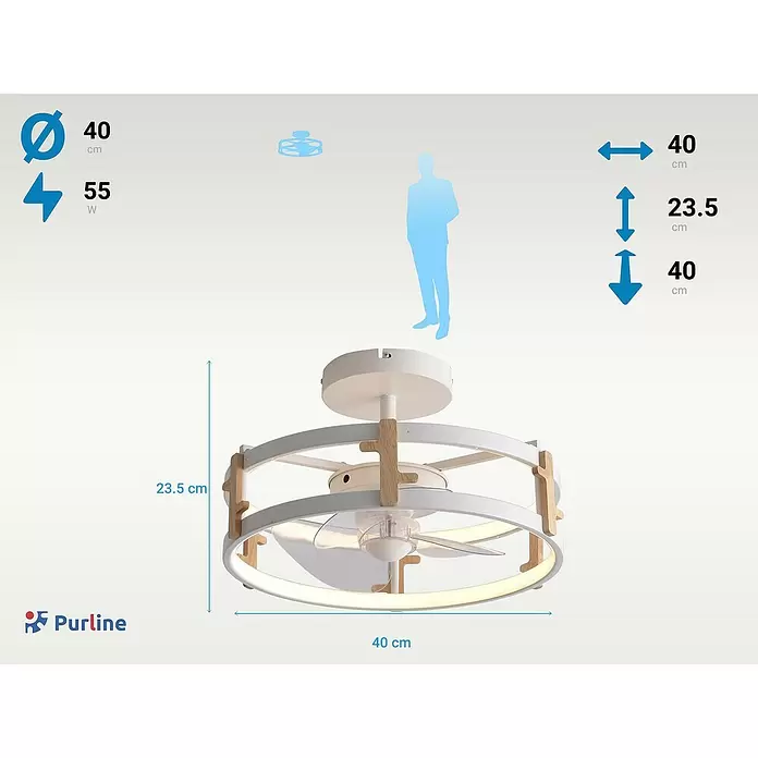 Purline Ventilador de techo Ceily Wood - Blanco, 40 cm, 42 W, Blanco cálido - Ventilador de techo blanco moderno con luz LED integrada y detalles de madera, 40 cm de diámetro, 23,5 cm de alto.