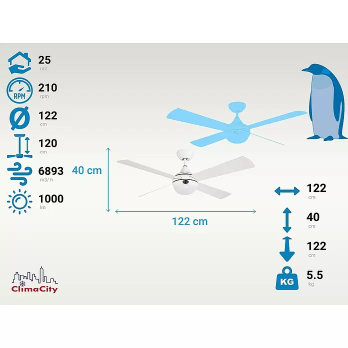 Purline Ventilador de techo Raica - Blanco, 122 cm, 20 W - Ventilador de techo blanco con luz integrada, 122 cm de diámetro, 40 cm de altura, 5,5 kg.