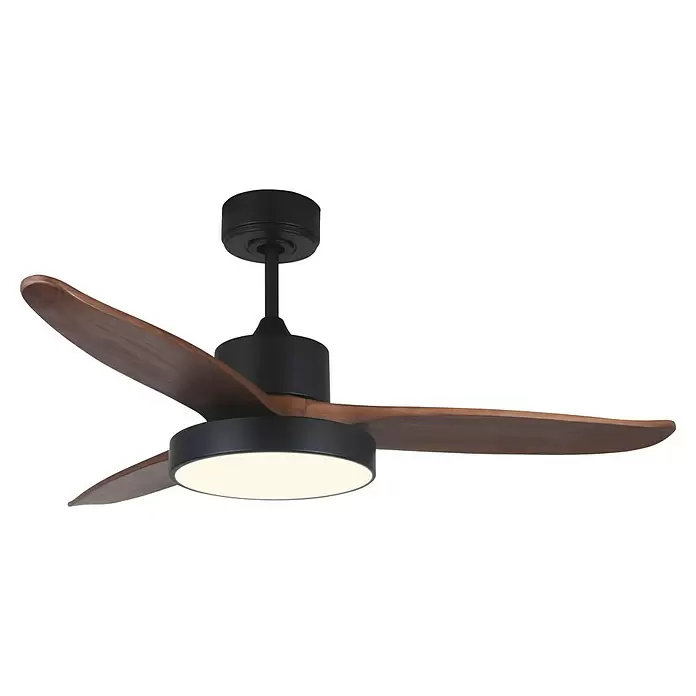 Purline Ventilador de techo Darkwind - Madera oscura, 132 cm, 35 W - Ventilador de techo negro con tres aspas de madera y luz LED integrada.