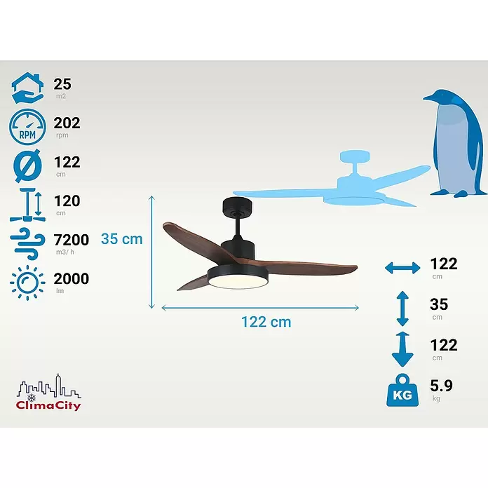 Purline Ventilador de techo Darkwind - Madera oscura, 132 cm, 35 W - Ventilador de techo negro con aspas de madera y luz LED. Medidas: 122cm Ø, 35cm altura, 5,9kg. Pingüino como escala.