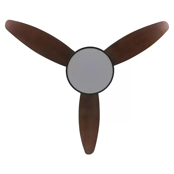Purline Ventilador de techo Darkwind - Madera oscura, 132 cm, 35 W - Ventilador de techo de tres aspas con palas de madera marrón y una luminaria central blanca con borde negro.