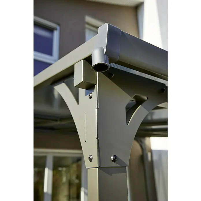 Sunfun Pérgola adosada Chipre - An x Pr: 300 x 300 cm, Antracita, Acero, Color del techo: Antracita - Primer plano de una estructura de gazebo gris que muestra detalles arquitectónicos y una canaleta.