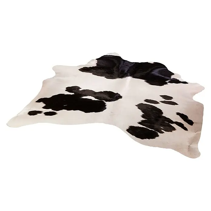 Alfombra de piel de vaca - Multicolor, 170 x 180 cm, 100% piel auténtica - Una alfombra de piel de vaca con manchas negras sobre fondo blanco. Ideal para decoraciones rústicas o modernas.