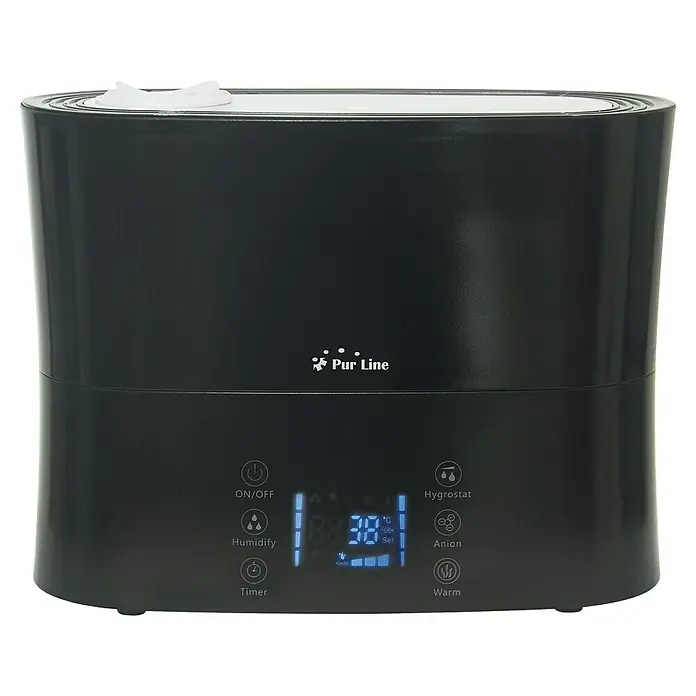 Purline Humidificador Hydro 14 - 6,2 x 23 x 23 cm, Negro - Primer plano de un humidificador Pur Line negro con pantalla digital y varios botones de función.