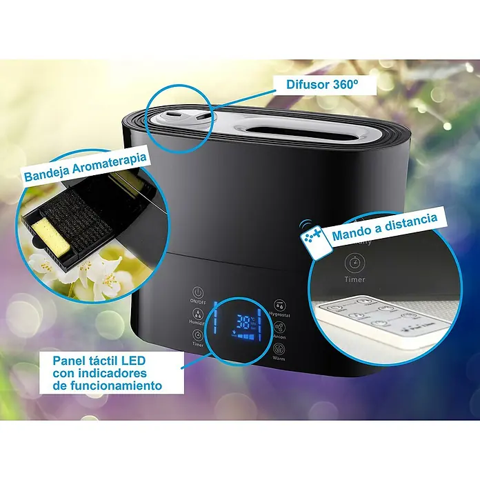 Purline Humidificador Hydro 14 - 6,2 x 23 x 23 cm, Negro - Detalle de un humidificador negro con aromaterapia, panel táctil LED y control remoto para un ambiente óptimo en la habitación.