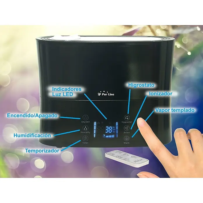 Purline Humidificador Hydro 14 - 6,2 x 23 x 23 cm, Negro - Primer plano de un humidificador con etiquetas que indican sus diferentes funciones.