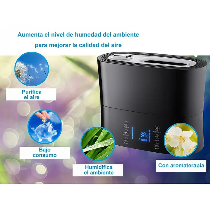 Purline Humidificador Hydro 14 - 6,2 x 23 x 23 cm, Negro - Representación de un humidificador que humidifica, purifica y mejora la calidad del aire con aromaterapia, con bajo consumo energético.