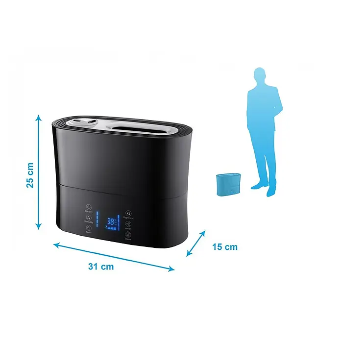 Purline Humidificador Hydro 14 - 6,2 x 23 x 23 cm, Negro - Ilustración de un humidificador en negro, con dimensiones proporcionadas para ilustrar su tamaño.
