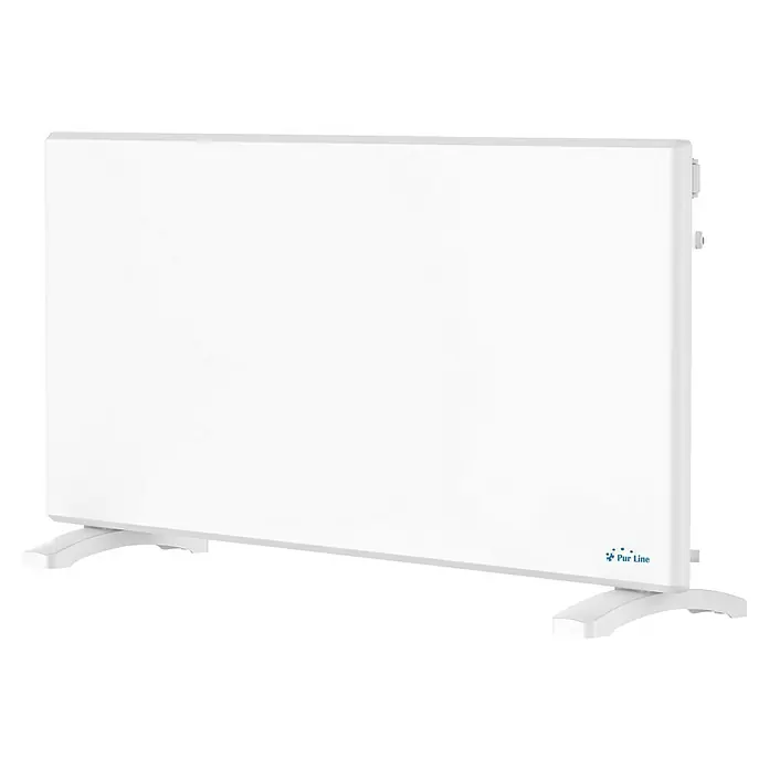 Purline Emisor térmico digital Panel S2000 - 2.000 W, Blanco, 8 x 86 x 40 cm - Un radiador eléctrico blanco de Pur Line. El aparato está sobre una base blanca y tiene un diseño minimalista, haciéndolo elegante.