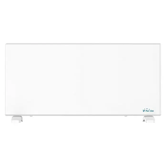 Purline Emisor térmico digital Panel S2000 - 2.000 W, Blanco, 8 x 86 x 40 cm - Imagen de un calentador Pur Line. Diseño elegante ideal para calor suplementario en cualquier habitación con el logo en la parte inferior derecha.