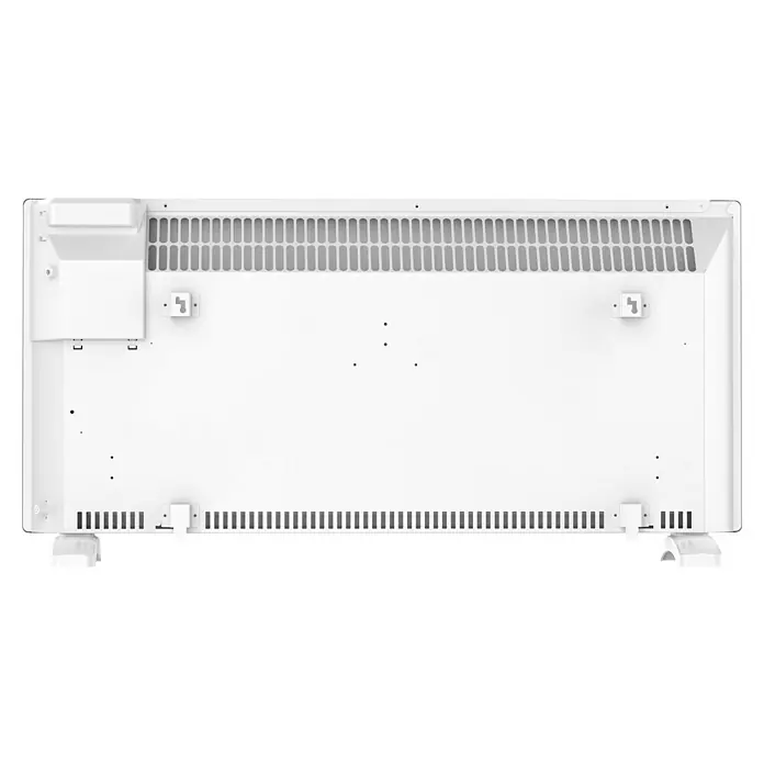 Purline Emisor térmico digital Panel S2000 - 2.000 W, Blanco, 8 x 86 x 40 cm - Vista trasera de un calefactor blanco con ranuras de ventilación, elementos de fijación y patas de soporte.
