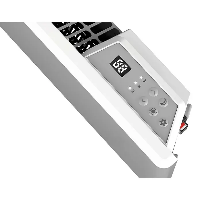 Purline Emisor térmico digital Panel S2000 - 2.000 W, Blanco, 8 x 86 x 40 cm - Primer plano de un calentador blanco con pantalla digital y panel de control para ajustes de temperatura. Práctico y moderno para un calor acogedor.