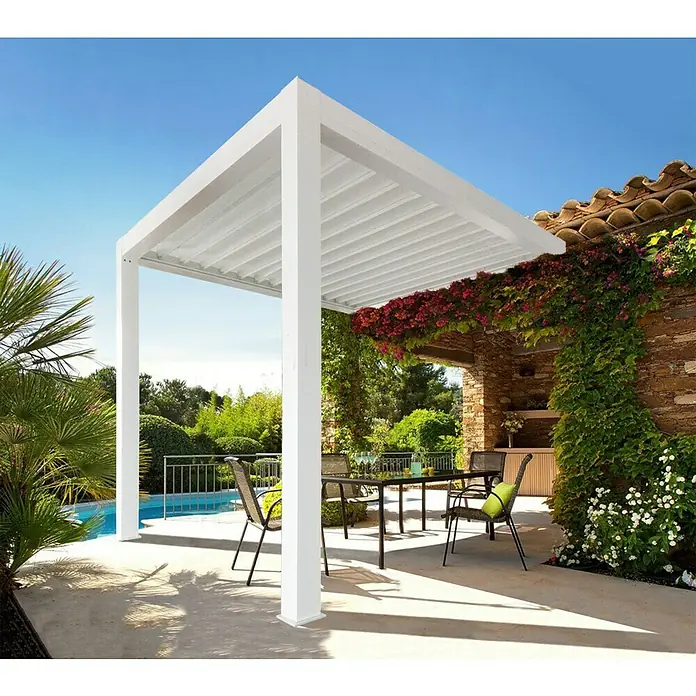 Solid Elements PergolaL x T: 400 x 339 cm, Weiß, Weiß - Elegante weiße Pergola mit Lamellendach, die Schatten spendet und ein stilvolles Ambiente für den Außenbereich schafft.