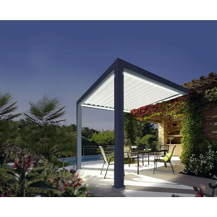 Solid Elements Pergola - 400 x 341 cm, Grau, Weiß - Moderne Terrassenüberdachung mit Lamellendach und integrierter Beleuchtung für gemütliche Stunden im Freien. Hochwertige Materialien und stilvolles Design.