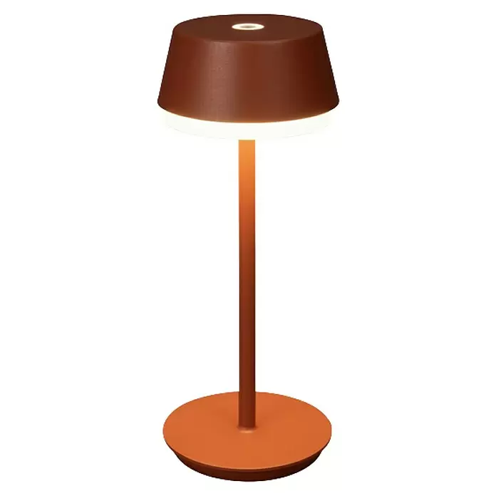 Konstsmide Akku-Tischleuchte Lyon - 2,5 W, L x B x H: 12 x 12 x 30 cm, Braun, RGBW - Braune Tischlampe mit breitem Schirm und rundem Fuß, die warmes Licht abstrahlt.