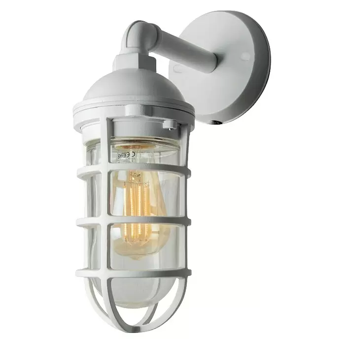 Konstsmide Außenwandleuchte Olbia - 20 W, Weiß, IP44 - Weiße Wandleuchte im Industriestil mit Schutzgitter, Klarglas und sichtbarer Glühbirne.