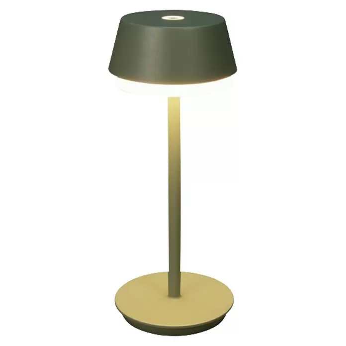 Konstsmide Akku-Tischleuchte Lyon - 2,5 W, L x B x H: 12 x 12 x 30 cm, Mintgrün, RGBW - Moderne, beleuchtete Tischleuchte mit dunkelgrünem Schirm und hellgrünem Stiel und Fuß.