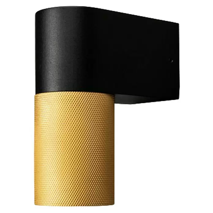 Konstsmide Außenwandleuchte Temi - 7 W, Schwarz/Gold, IP54 - Schwarze Wandleuchte mit texturiertem messingfarbenem Zylinderfuß.