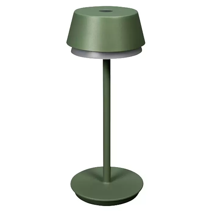 Konstsmide Akku-Tischleuchte Lyon - 2,5 W, L x B x H: 12 x 12 x 30 cm, Mintgrün, RGBW - Matte olivgrüne Tischlampe mit konischem Schirm und schlankem Fuß.