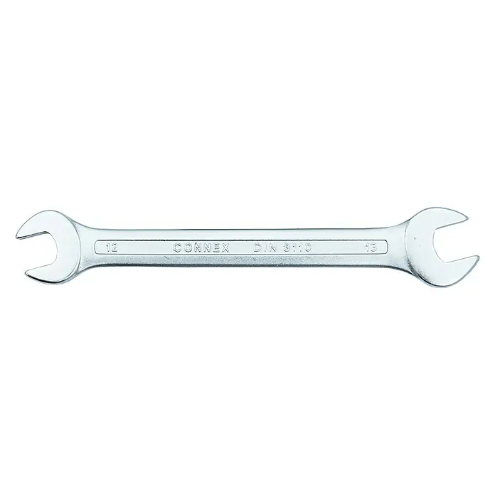 Connex Llave fija de doble boca - Ancho de llave: 12 mm - 13 mm, DIN 3110 - Una llave fija doble Connex plateada, tamaños 12 y 13, perfecta para diversas tareas de atornillado en talleres y proyectos de bricolaje.