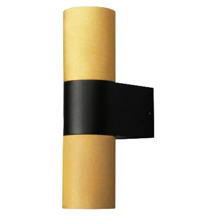 Konstsmide Außenwandleuchte Temi - 14 W, Schwarz/Gold, IP54 - Moderne Wandleuchte mit zwei goldfarbenen, texturierten Zylindern und einer schwarzen Montageplatte.