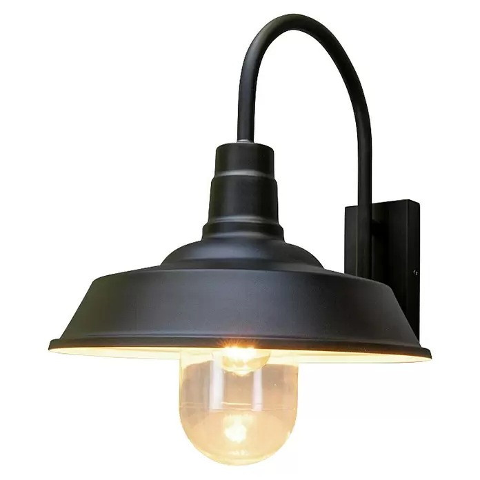 Konstsmide Außenwandleuchte Trapani - 20 W, Schwarz, IP44 - Schwarze Metall-Schwanenhals-Wandleuchte mit klarem Glasschirm und leuchtender Birne.