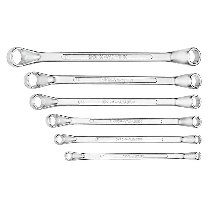 Connex Juego de llaves acodadas - 6 pzs. - Un juego de llaves de tubo dobles de cromo vanadio en varios tamaños, ideales para bricolaje y tareas de taller.