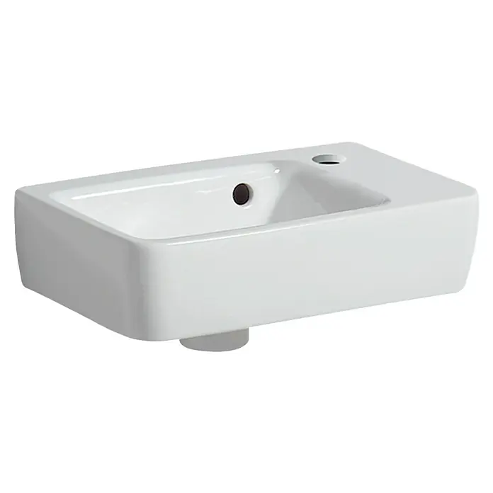 Geberit Renova Plan Waschbecken - 36 x 25 cm, Ohne Spezialglasur, Hahnloch: Rechts, Mit Überlauf, Weiß - Weißes Aufsatzwaschbecken mit rechteckiger Form und leicht abgerundeten Kanten für das moderne Badezimmerdesign.
