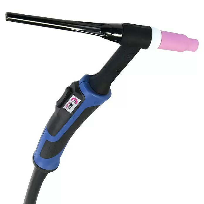Gys Soldador combinado GYSMI E163 - Corriente de soldadura: 10 A - 160 A - Antorcha de soldadura TIG negra y azul con una boquilla cerámica rosa.