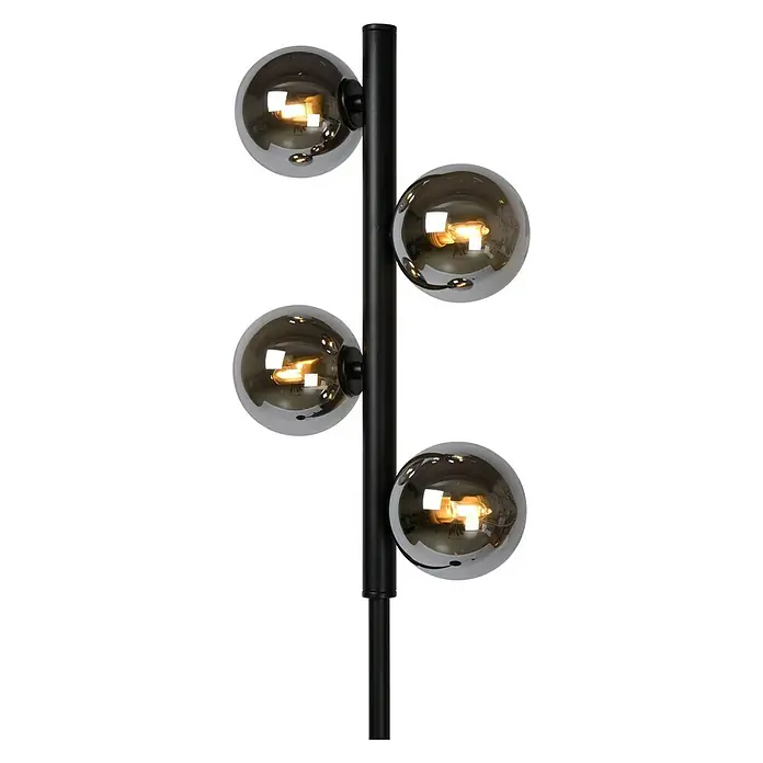 Lucide Tycho Stehleuchte - Höhe: 154 cm, Schwarz - Eine moderne Stehlampe mit einem schlanken, schwarzen Gestell und vier kugelförmigen, rauchfarbenen Lampenschirmen, die ein warmes Licht ausstrahlen.
