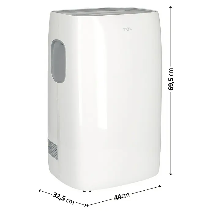 TCL Mobiles Klimagerät TAC-07CPA/HA - 2,2 kW, Raumgröße: 22 m², Weiß/Silber - Abbildung eines weißen TCL Klimageräts mit Größenangaben.