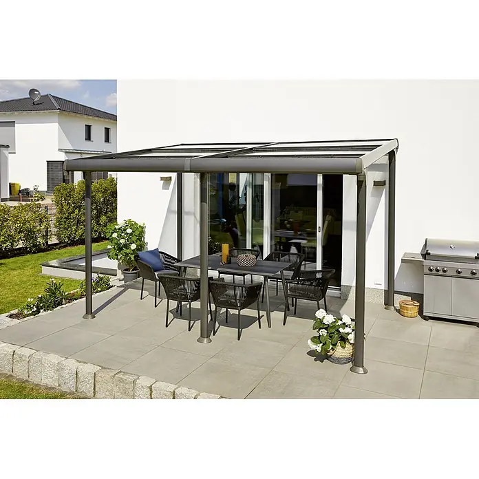 Sunfun Anstellpavillon Sera Cabrio - B x T: 400 x 300 cm, Farbe Gestell: Anthrazit, Aluminium - Eine moderne Terrassenüberdachung mit Esstisch und Grillplatz, die einen stilvollen Außenbereich zum Entspannen und Genießen bietet.