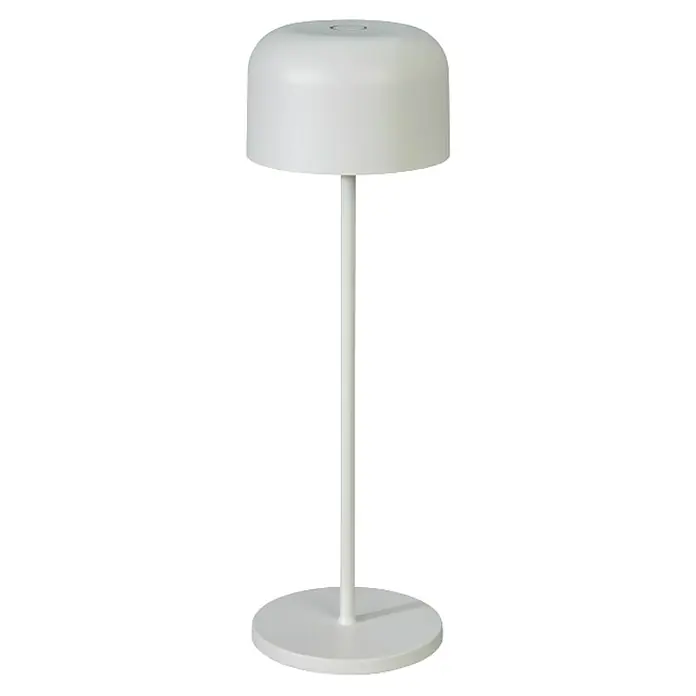 Konstsmide Akku-Tischleuchte Lille - 3,5 W, L x B x H: 11 x 11 x 36 cm, Weiß, Mehrfarbig - Ein weißer Tischlampe mit einem runden Lampenschirm und einem schlanken Ständer, ideal für modernes Ambiente.