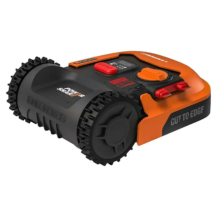 Worx PowerShare 20V Robot cortacésped Landroid M700 - 700 m², Ancho de corte: 18 cm, Navegación por inducción, Cable de antena - Imagen de un robot cortacésped Worx Landroid naranja y negro.